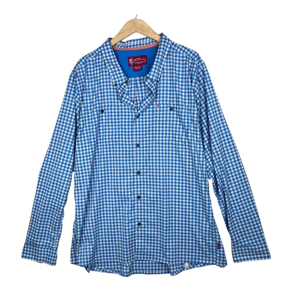John M Browning blue gingham window pant long sleeve button shirt men's XXXL